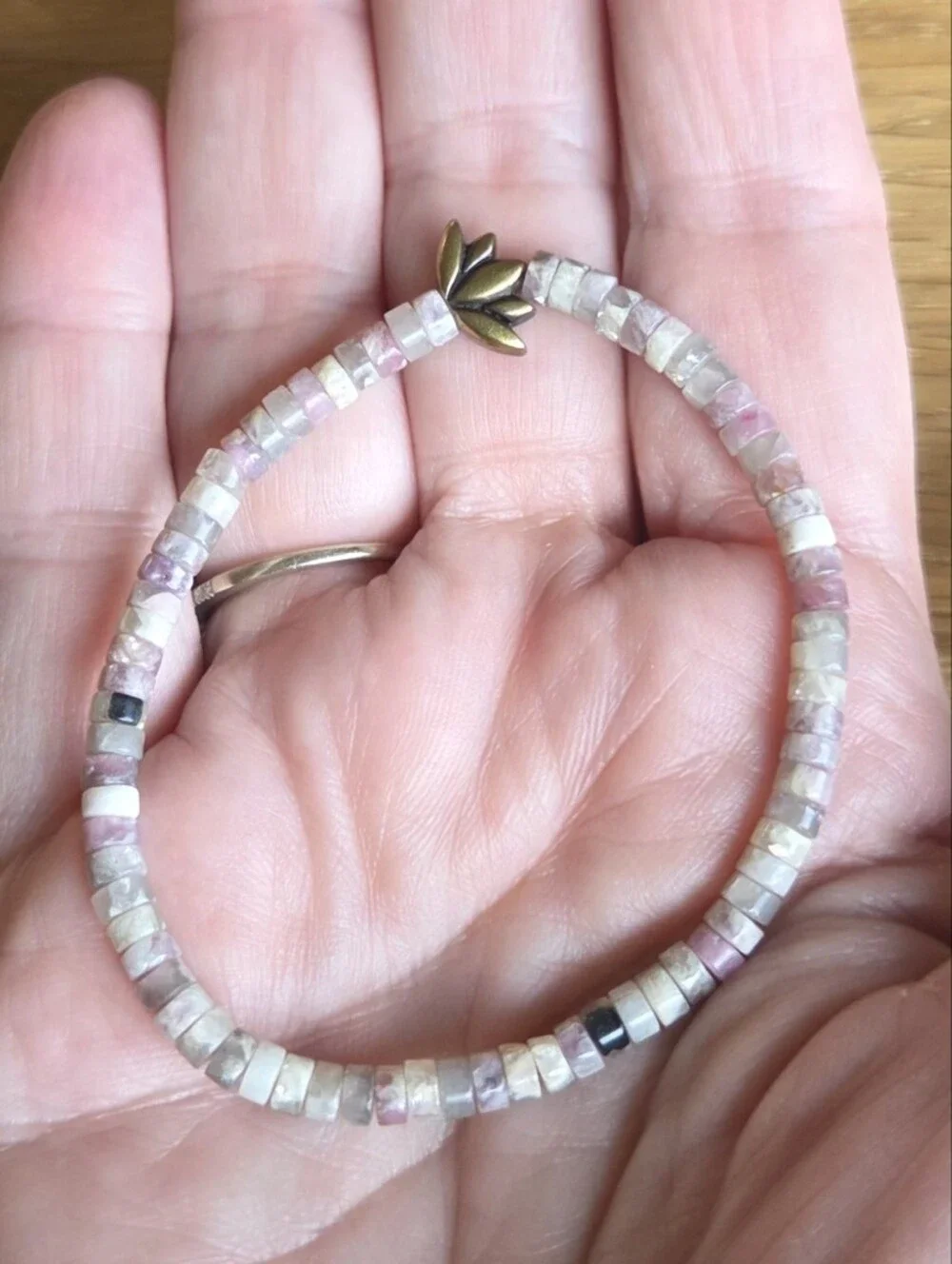 Tourmaline & Lepidolite Beaded Stretch Bracelet with Lotus Accent | Handmade